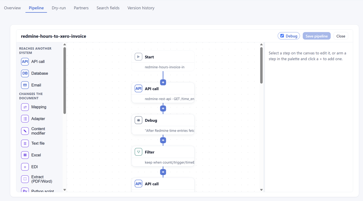 The workflow editor: steps grouped by what they do on the left, the pipeline running top to bottom, and the selected step's settings on the right.